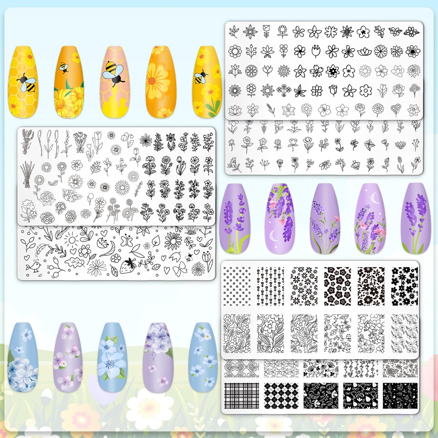 Whaline 6 Pcs Spring Summer Floral Nail Plates Stamping Set Flower Leaves Stamp Templates Nail Art Plates for DIY Print Manicure Salon Design