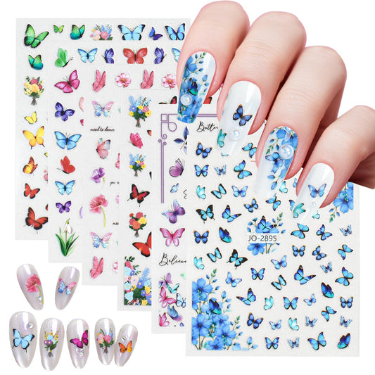 Rdntbeu 6 Sheets Colorful Butterfly Nail Stickers for Nail Art Spring Nail Decals 5D Self-Adhesive Flower Nail Design Summer Nails Supplies for Women Girls DIY Nail Art Decor
