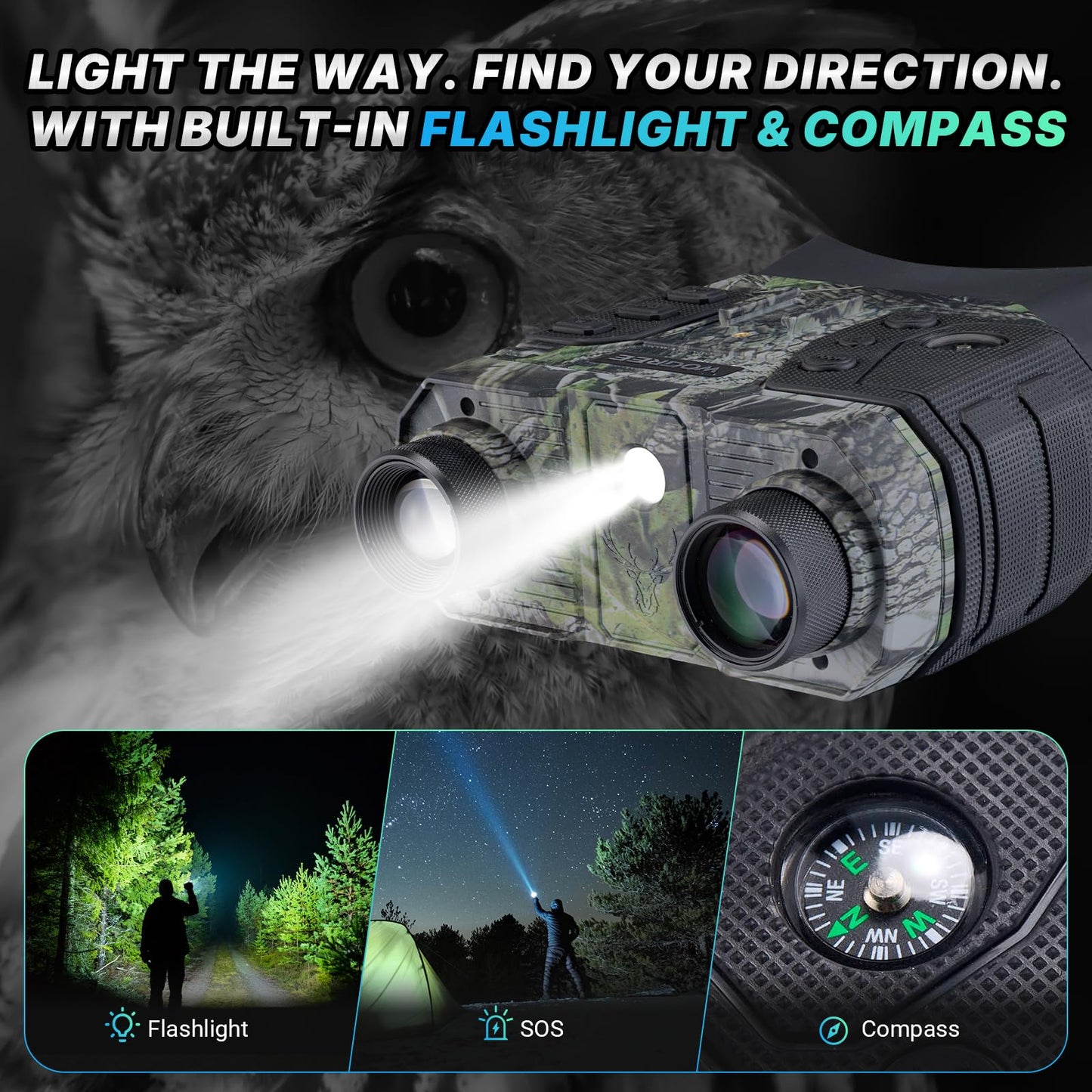 WOGREE Night Vision Goggles, 4K Night Vision Binoculars for Adults, 36MP, 1300FT Range,8X Digital Zoom, 5000mAh Battery, Flashlight & Compass, Infrared Vision, 32GB Card, for Camping & Security