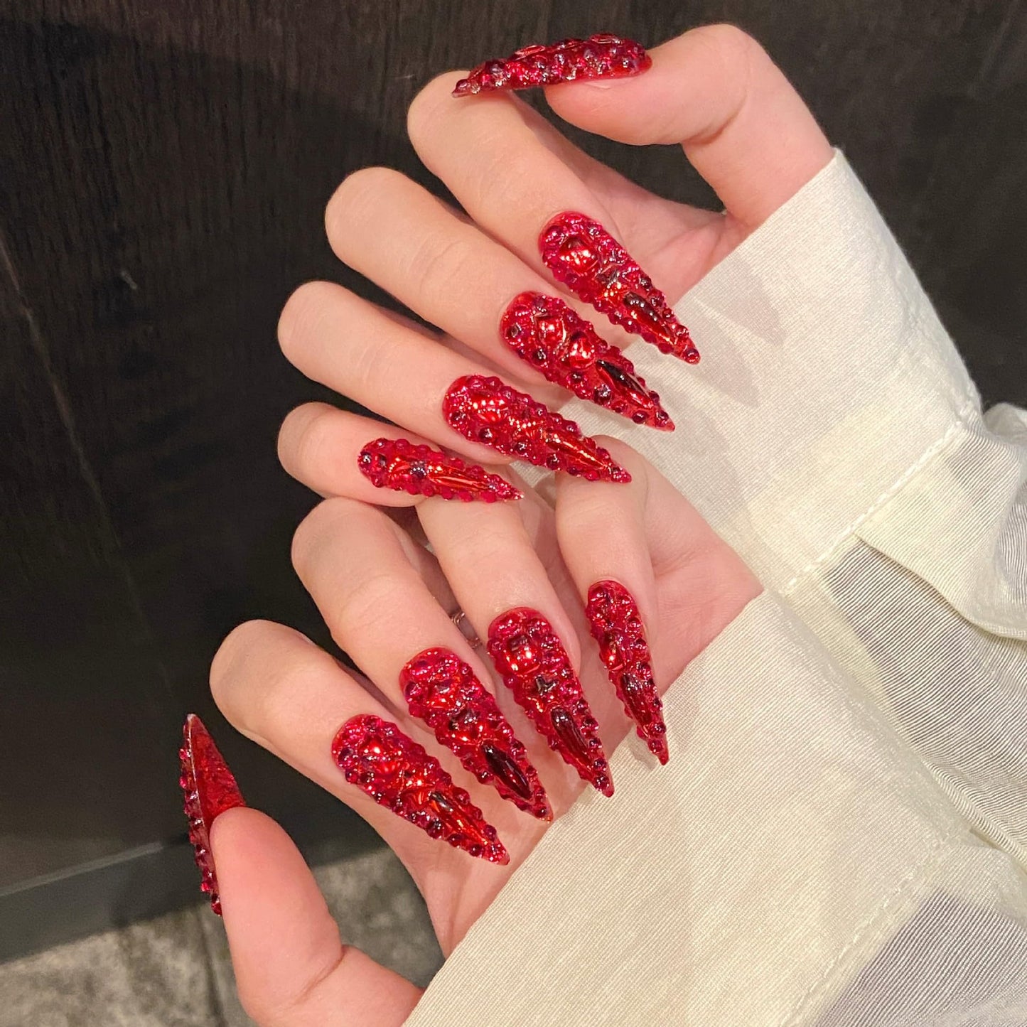 MNAFAYY Luxury Gems 100% Handmade Nails Long Stiletto Press On Nails Full Cover 3D Rhinestone Crystal Gorgeous Reusable UV Finished Fake False Nails Acrylic Nail Kit With Box Gift for Women Red M