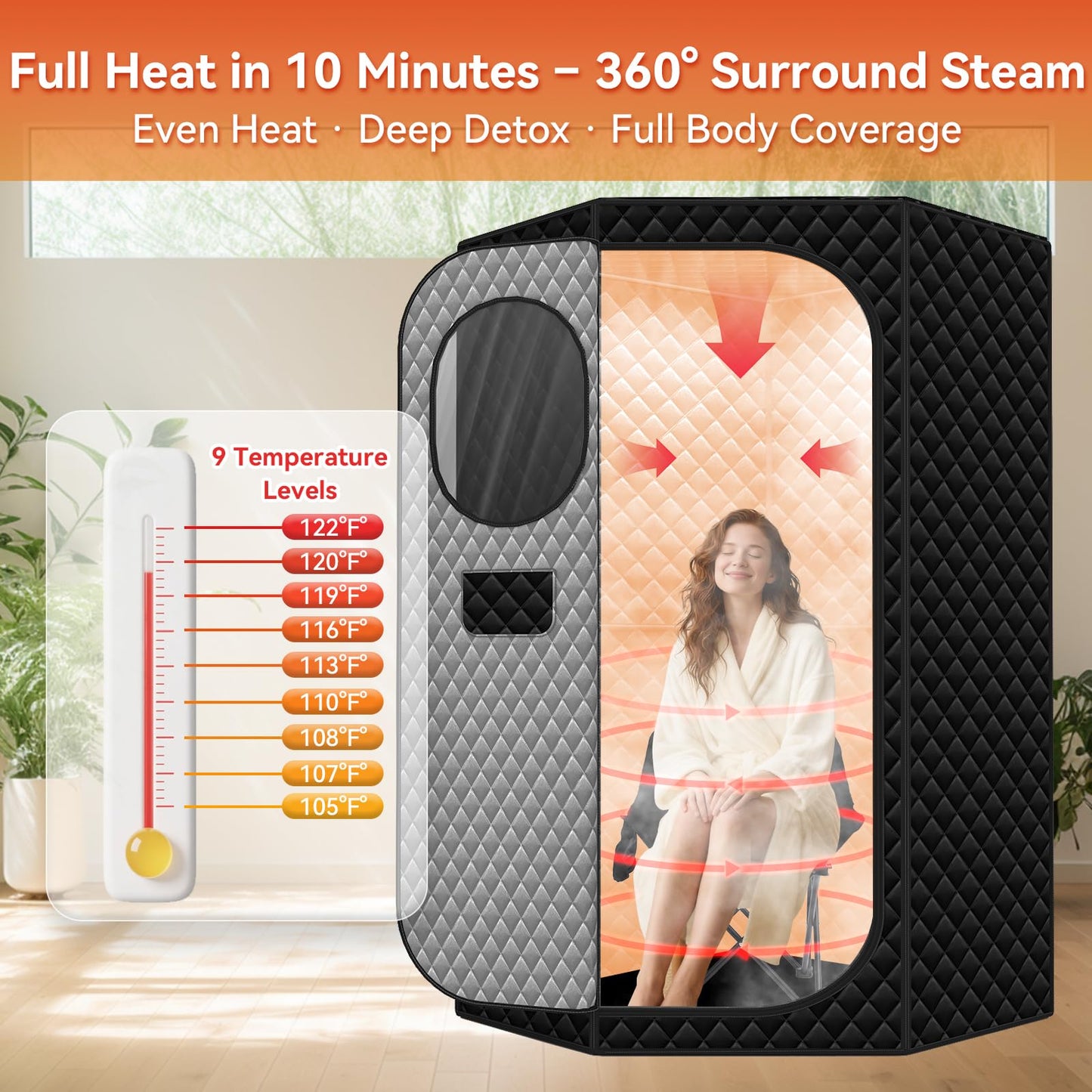 Portable Sauna for Home - Upgraded Personal Home Sauna Box with 3L 1300W Steamer, Big Folding Chair, 9 Levels Heat, Timer, Remote Control - Large Size Steam Room Saunas Tent for Relaxation & Spa Black