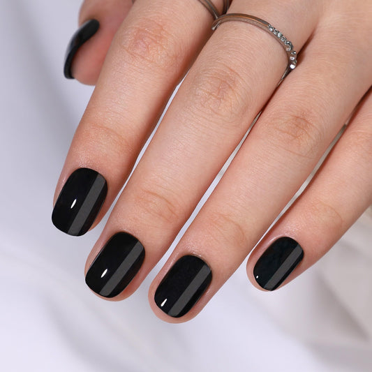Black Press on Nails Short - RTKHFZE Soft Gel Press on Nails Short Square Fake Nails with Nail Glue,Fit Perfectly,Reusable Stick on Nail in 16 Sizes - 32Pcs False Nails Kit