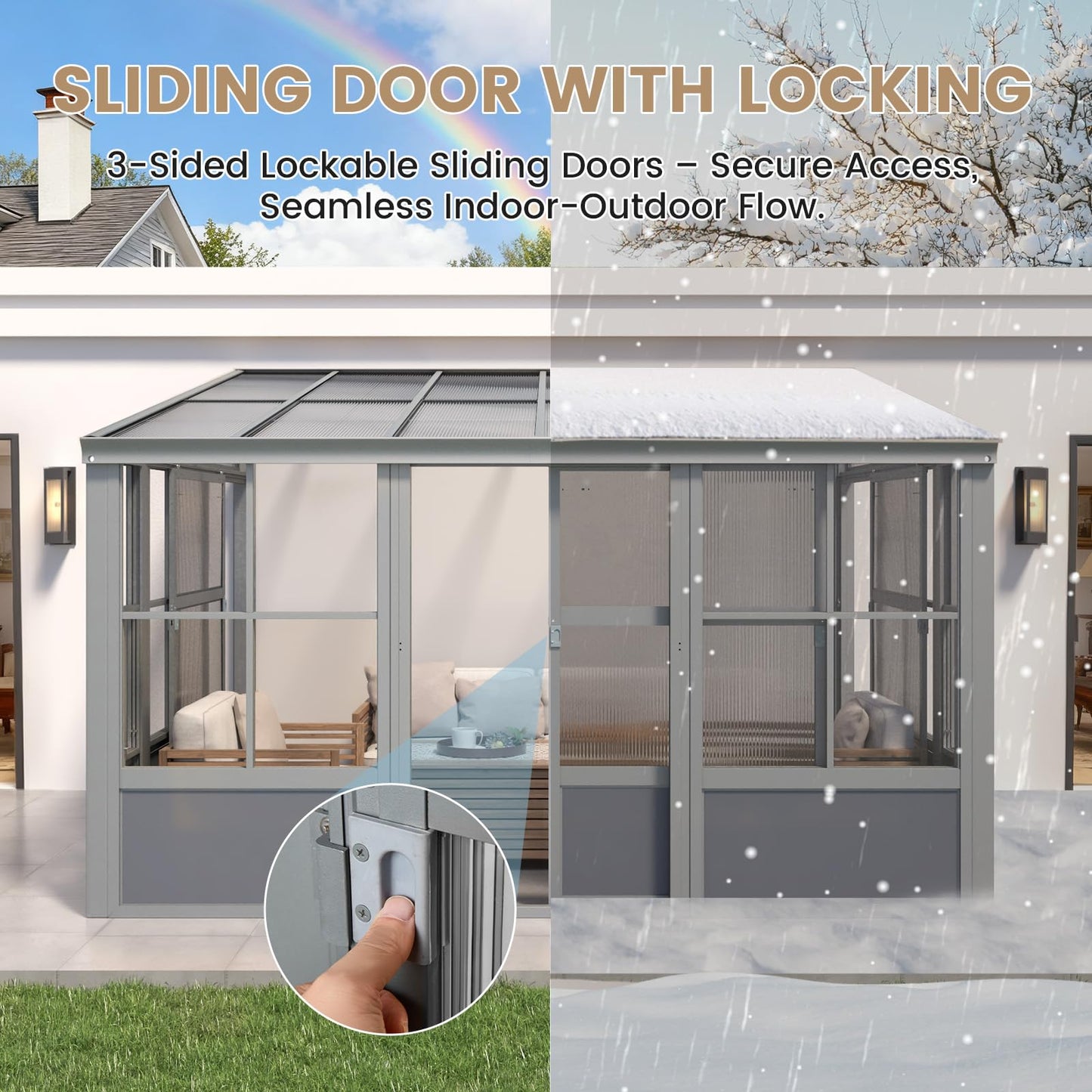 YOLENY 10x12 FT Wall Mounted Sunroom with Polycarbonate Sloping Roof, 3-Side Lockable Entrance & Removable PC Screen, Outdoor Permanent Sun Room Lean to Gazebo for Deck Patio, Grey