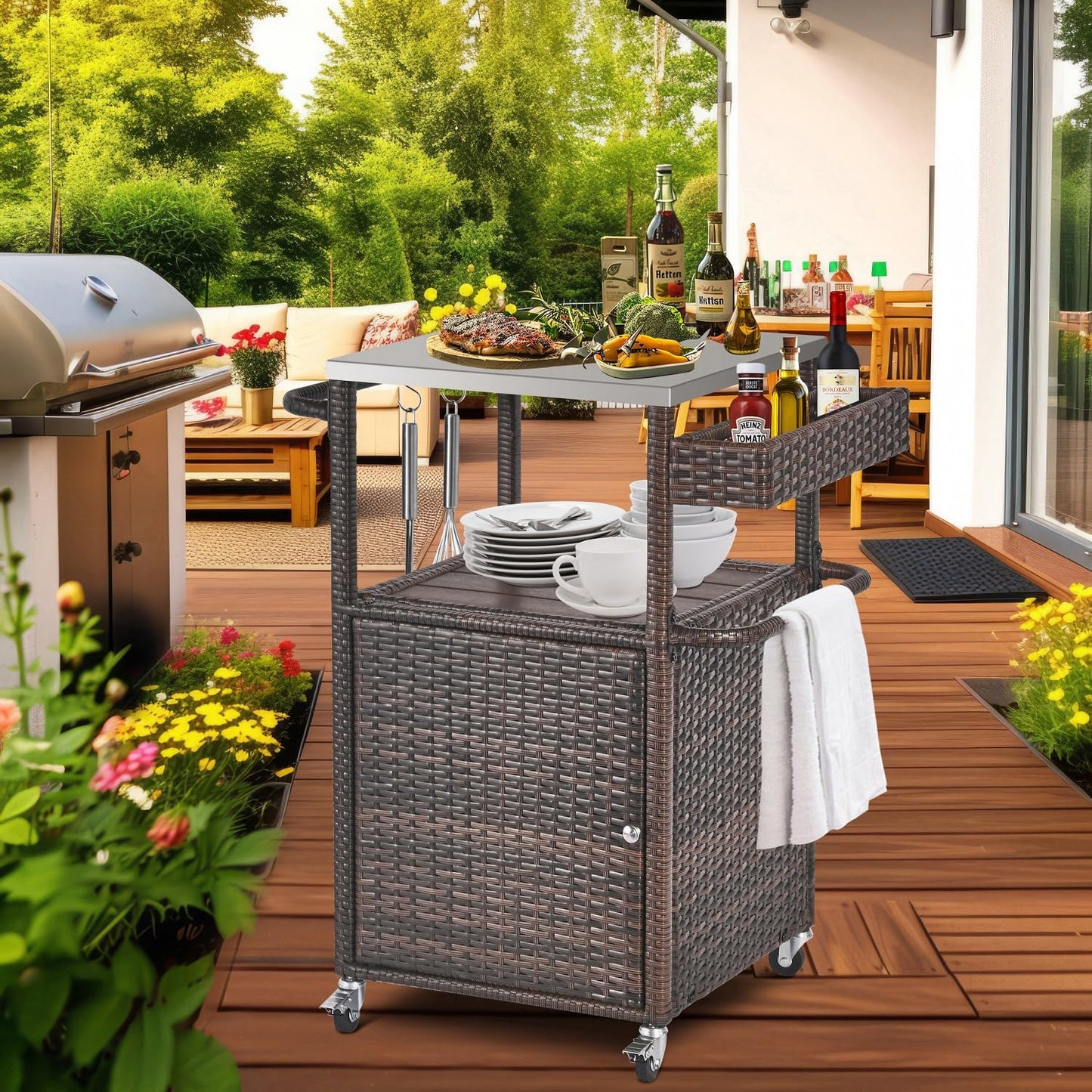 Grill Cart Outdoor with Wheels Outdoor Prep Table Grill Station with Storage Outdoor Kitchen Island Serving Cart with Stainless Steel Table Top BBQ Storage Cabinet for Outside Wicker Bar Cart Brown