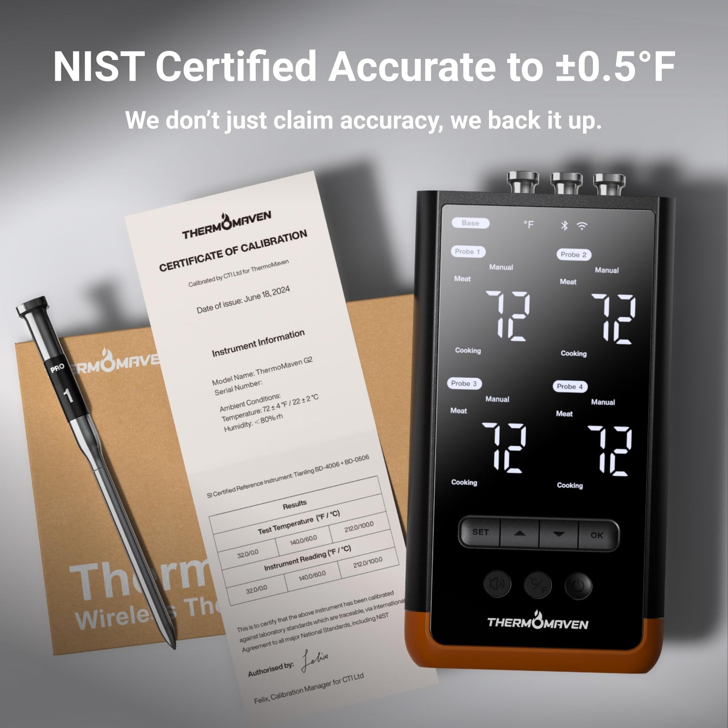 ThermoMaven Wireless Bluetooth Smart Meat Thermometer: Standalone Base, WiFi Thermometer with Sub-1G, 6 Sensors NIST Certified Accuracy, 4 Probes, for Kitchen, BBQ, Grill, Oven, Smoker, Rotisserie