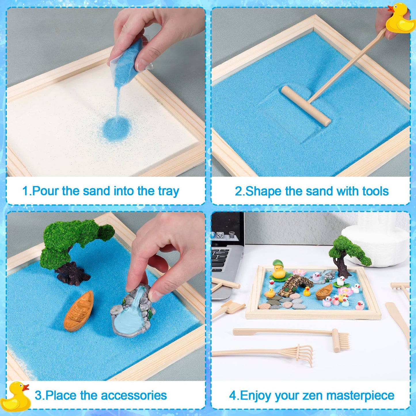 Angirlish 43PCS Zen Garden Kit for Desk, Mini Sandbox Set Gifts Included Wooden Tray Sand Tools Mini Resin Ducks and Accessories, Sand Tray Therapy for Meditation Room Office Home(Duck)