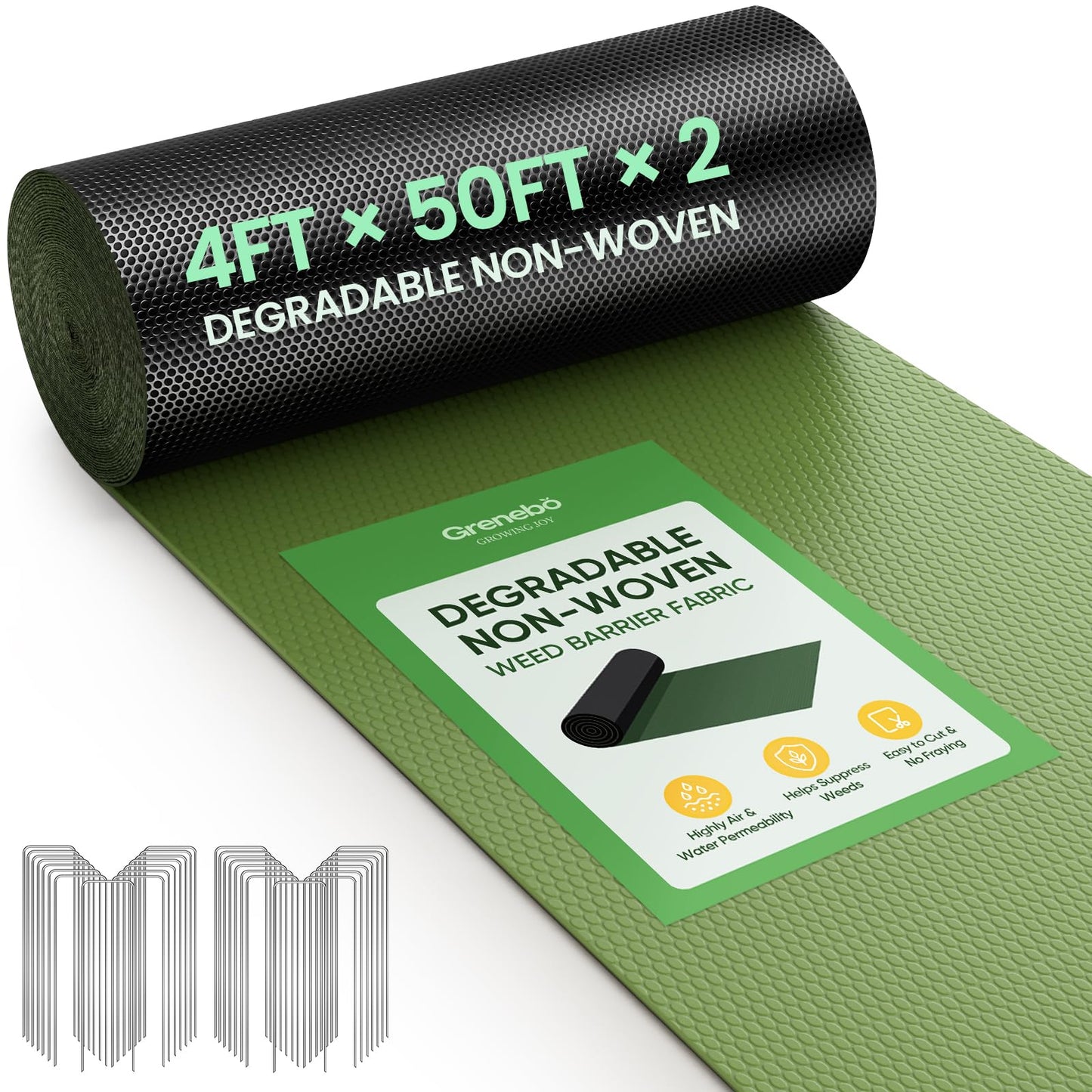 Grenebo Weed Barrier Fabric, 4FT x 100FT, Non-Woven Landscape Fabric, Easy to Cut & Fray-Resistant, Breathable & Permeable, Landscaping Fabric with 30 Stakes, for Gardens, Flower Beds, Vegetable Plots