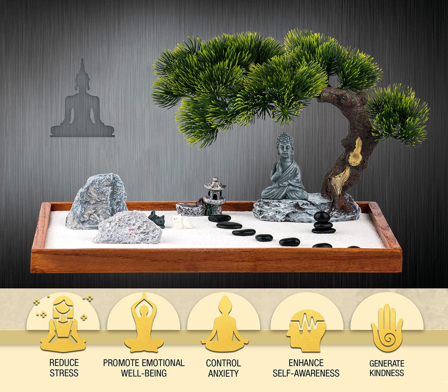 dgudgu Zen Garden Kit - Mini Jardin Zen Garden for Desk with Buddha Shape Accessories, 14 x 10 inch