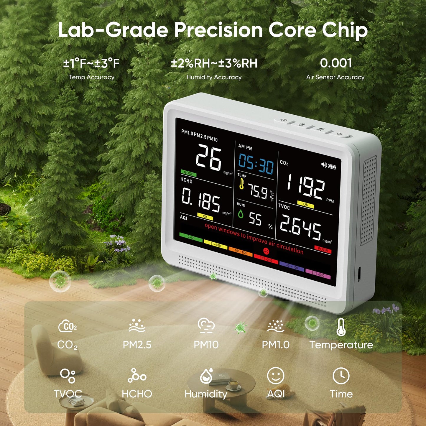 bonoch 16 in 1 Air Quality Monitor Indoor 10h-Battery & 5.5" Display 9 AQI+7 AQI Alerts, CO2 Monitor, Air Quality Tester for CO2, TVOC PM2.5 PM1.0 PM10 HCHO Temperature Humidity AQI & Time Air Meter