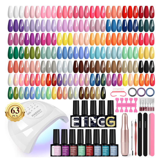 PHOENIXY 63 Pcs Gel Nail Polish Kit with U V Light and Drill, 45 Colors Gel Nail Polish with 5 Pcs Base Top Coat Manicure Starter Nail Polish Set Valentine Gifts for Women