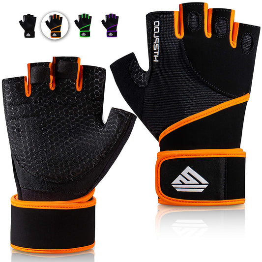 HTZPLOO Workout Gloves Gym Gloves Weight Lifting Gloves for Men Women with Full Palm Pad,Strong Wrist Wraps Support,Enhanced Grip,for Fitness,Training,Weightlifting,Exercise (Black&Orange, Large)