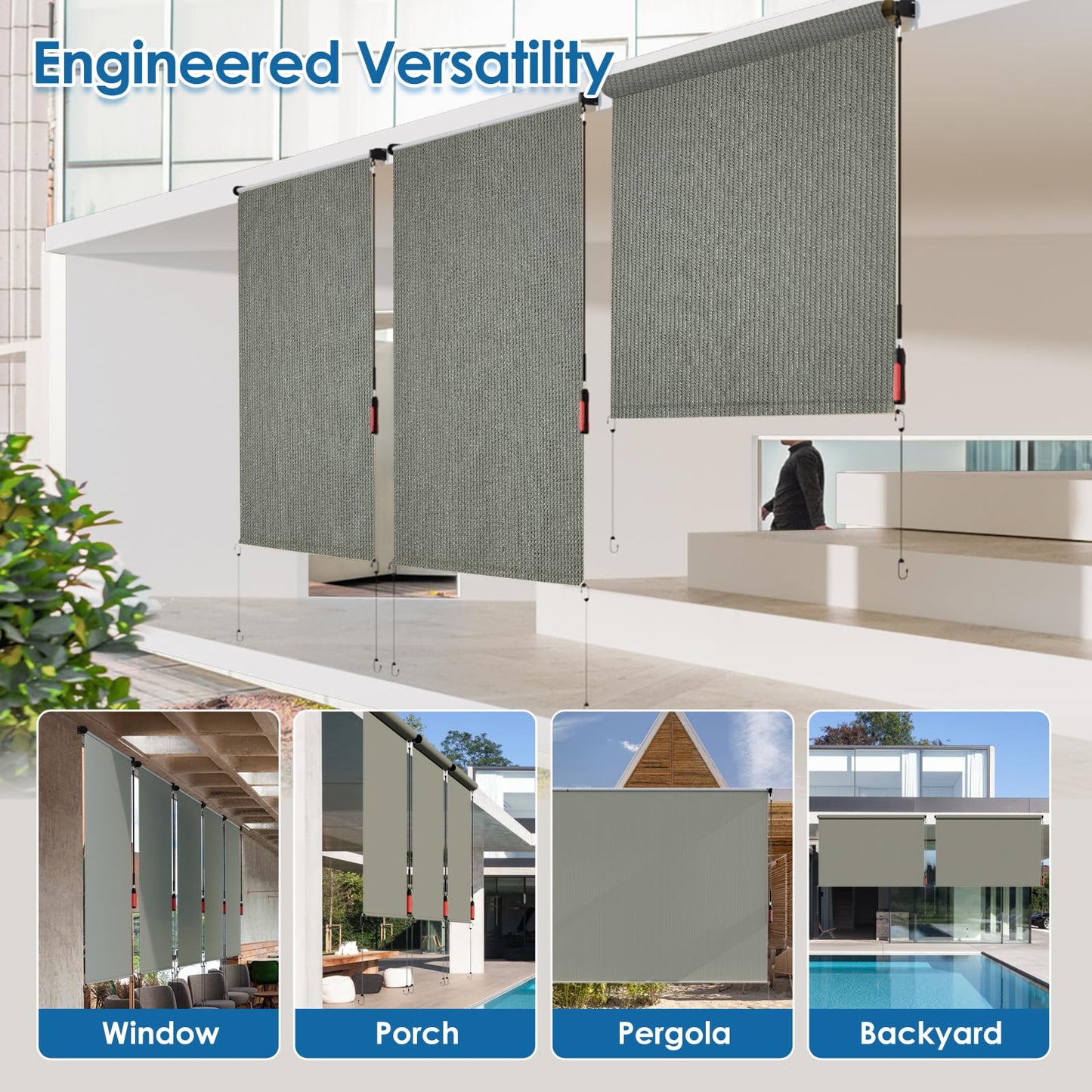 OOTONAT Roller Shades for Patio 8' W x 6' H, Exterior Cordless Shades Roll Up Outdoor Blinds with 90% UV Protection for Carport, Dark Grey- Electric/Manual Awning Crank Kit