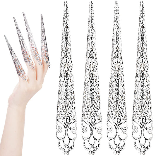 ANCIRS 10 Pack Finger Nail Tip Claw Rings, Ancient Queen Costume Fingertip Claw Nail Rings Decoration Accessory, Finger Knuckle Protectors for Halloween Cosplay Drama Dance Show- Silver Color