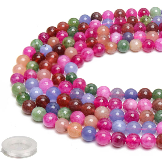 70PCS Natural 8MM Healing Gemstone, Colorful Tourmaline Energy Stone Round Loose Beads, Semi-Precious Crystal Beads with Free Elastic String for Jewelry Making DIY