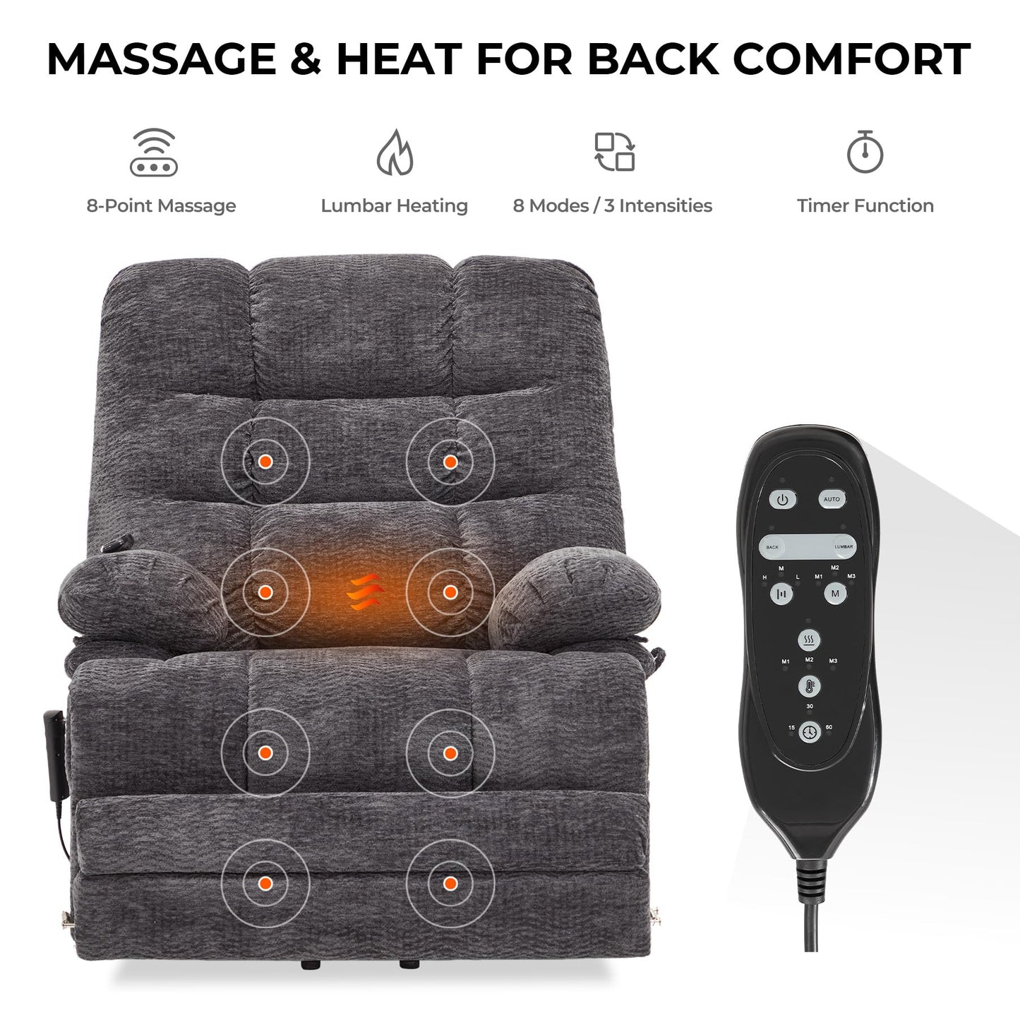 DYNOX 400 LBS Lift Chairs for Big & Tall Seniors Power Lay Flat Recliner Oversized Lift Sofa with Heat Massage Electric Lift Recliner Chair Bed, Extended Footrest(9205L,Chenille,Grey)