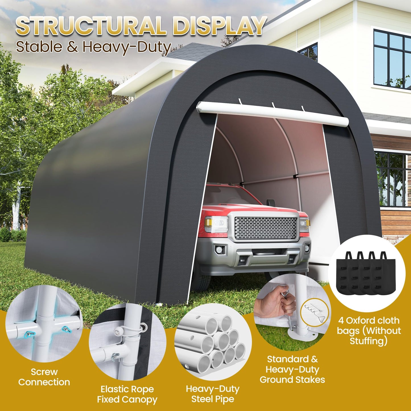 Kiss the Water Heavy Duty Carport with 4 Cloth Bags, All-Weather Car Canopy with 2 Roll-up Doors, Portable Garage Storage Shelter Shed for Cars, Truck, or Garden Tools, 10' x 20'