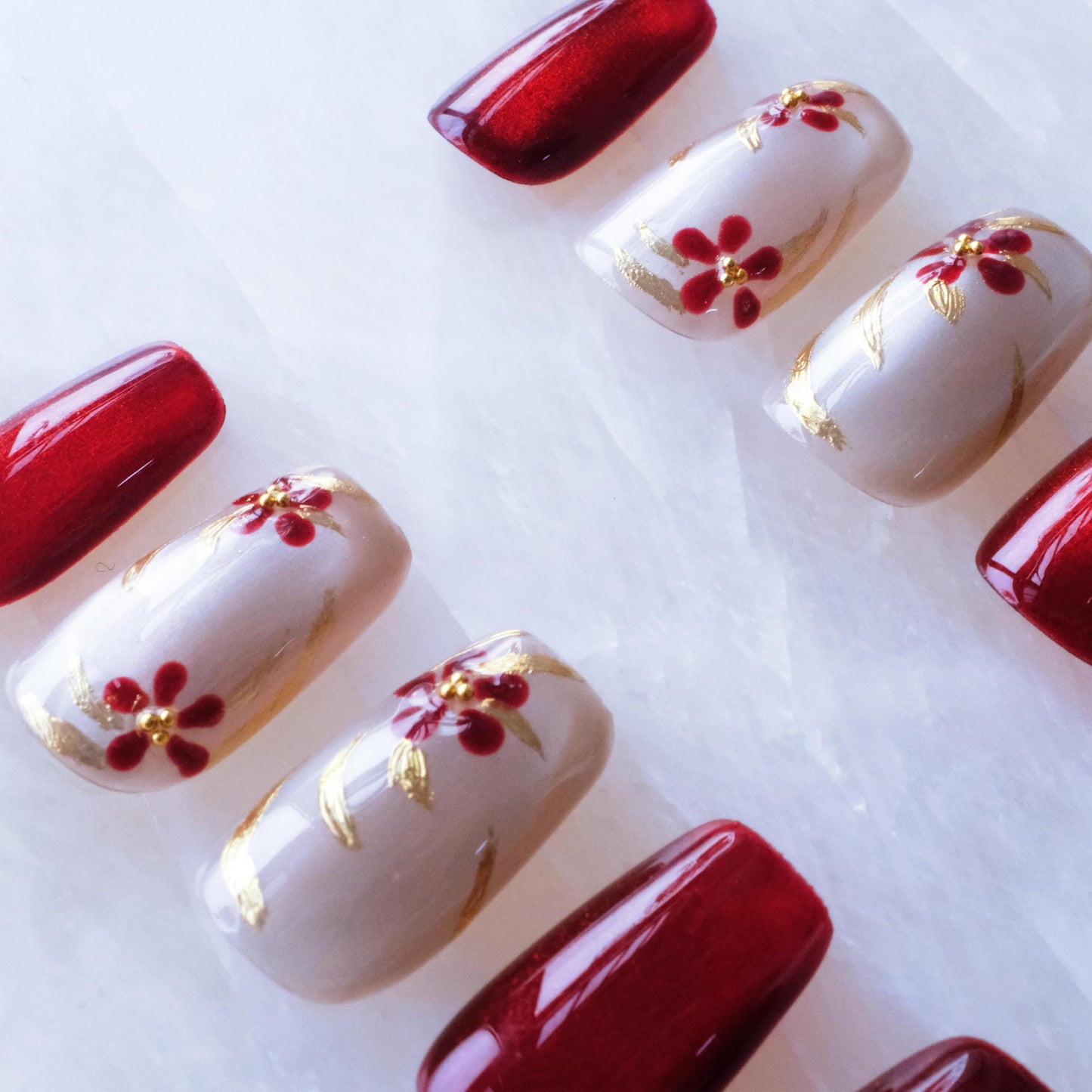 GLORS Press on Nails, Red Plum Embroidery Cat Eye False Nails with Gold Floral Design, medium ballerina Shape, 10 Pieces (Small, MB)