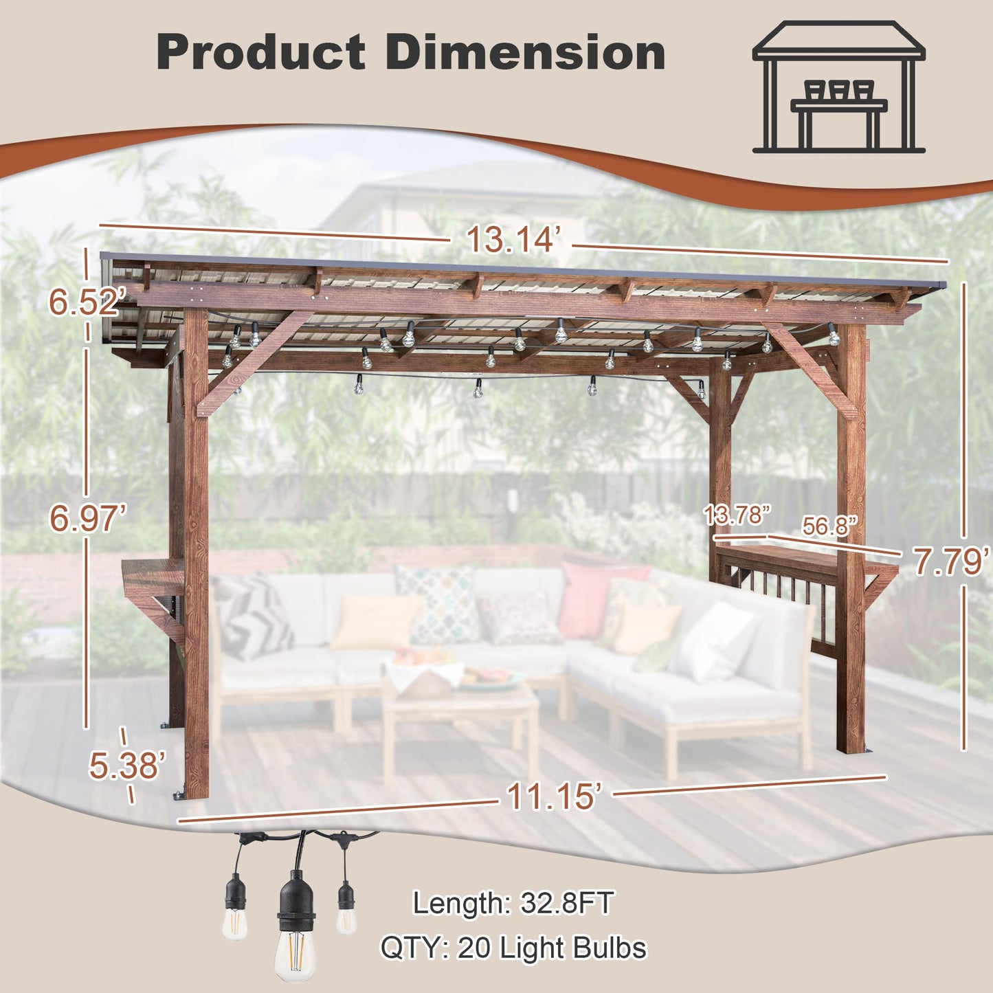 KEIKI 13' x 6.5' Wooden Grill Gazebo Metal Roof, Bulbs, Bar Counters, Patio Hardtop Grill Pergola, BBQ Canopy for Outdoor Patio, Lawn, Garden, Backyard