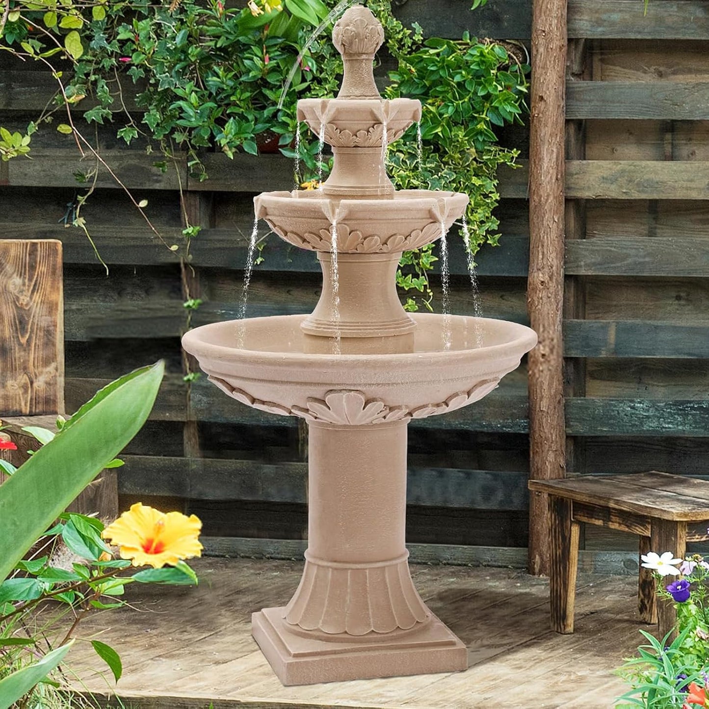 GIODIR Italian Outdoor Fountains and Waterfalls, 48.4" H Bubbler Floor Waterfall Fountain with Pineapple Top and Pump, 3 Tiered Garden Water Fountain for Patio Backyard Deck and Home Decor