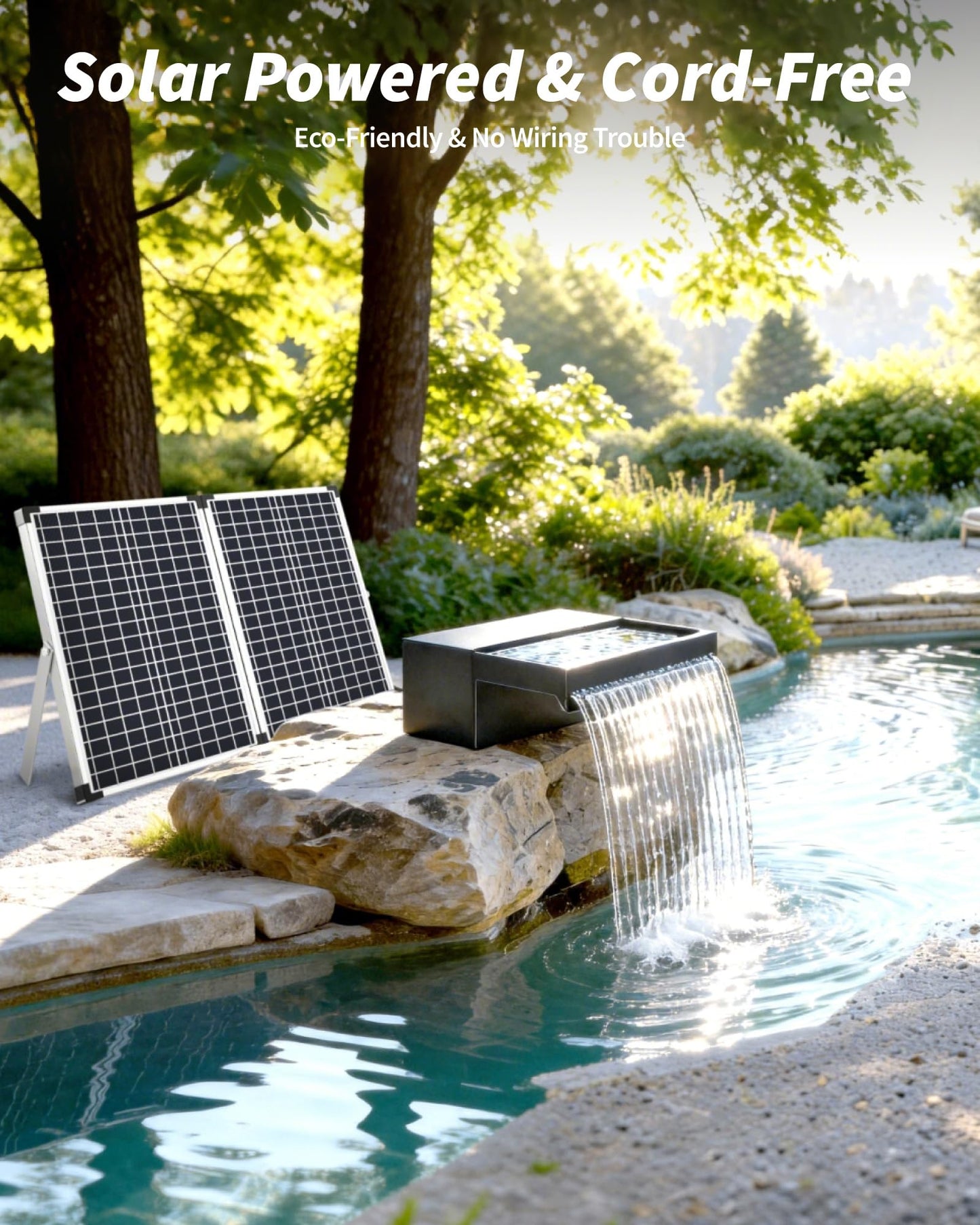 POPOSOAP 55W Solar Pond Waterfall Spillway with Fountain Pump, 304 Stainless Steel & Filtration System Pond Waterfall, 9.8FT Tubing for Koi Ponds, Garden Fountains & Landscape Water Features-P5552S