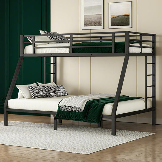 Bellemave Metal Bunk Bed Twin XL Over Queen, Heavy Duty Bed Frame with Guardrails & 2 Side Ladders, Noise Free Sturdy Twin Over Queen Bunk Beds for Adults & Kids, Black