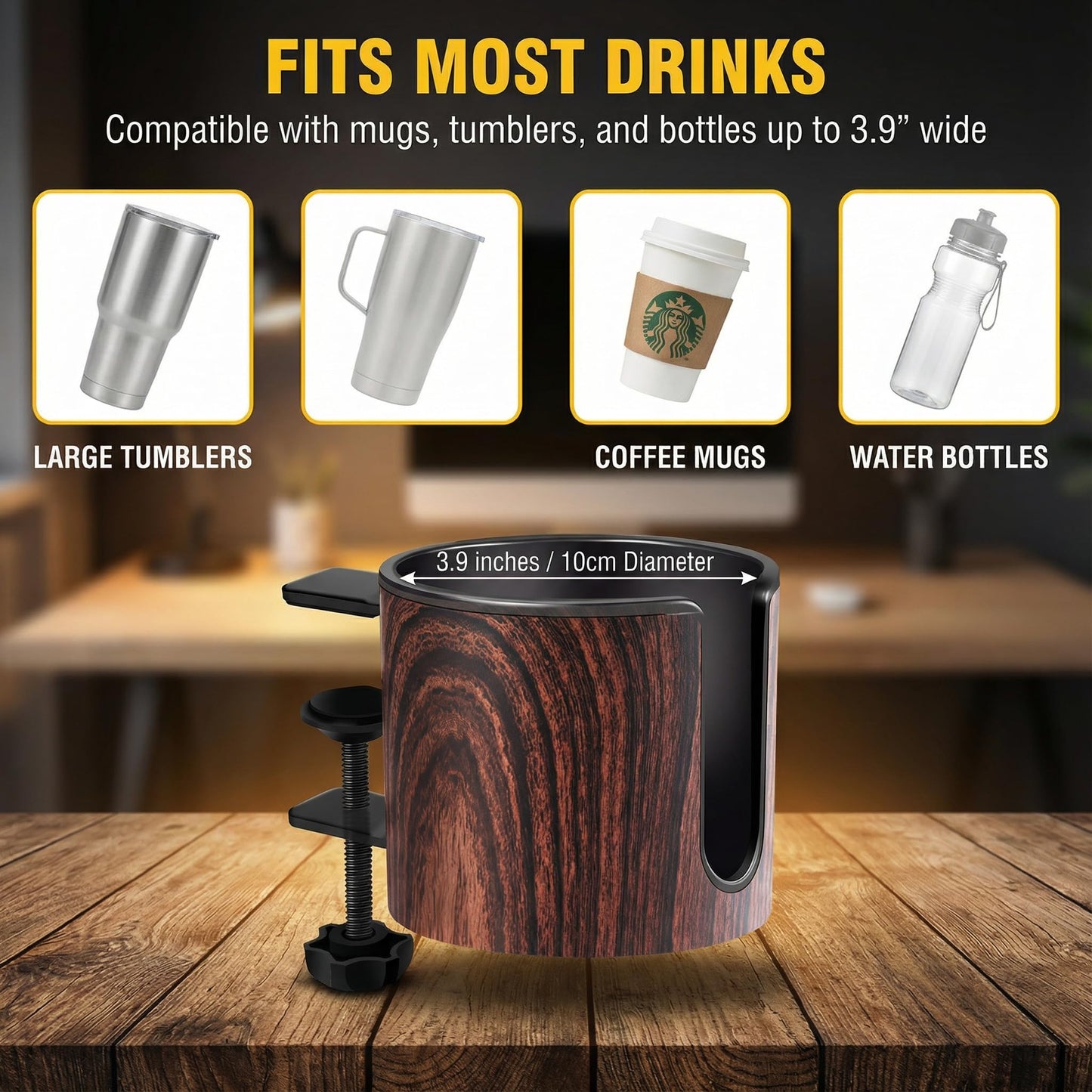 cowinational Luxury 2pcs Desk Cup Holder, Tool-Free Clamp On Desk Cup Holder, Fits 40oz Tumbler Holder & 0.2-2in Thick Desks, Anti-Spill for Office, Home, Gaming (2PCS Walnut Design)