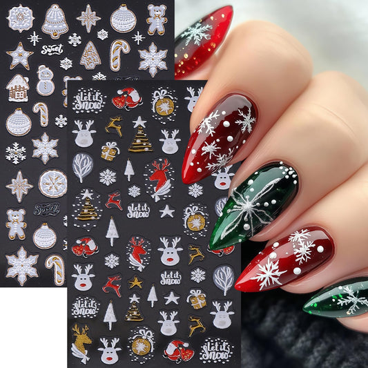2 Sheets Christmas Nail Art Sticker 5D Embossed Self-Adhesive Nail Decals Elk Snowman Santa Xmas Tree Lantern Ball Nail Design Stickers Winter Holiday Nail Sticker Nail Decoration Supplies for Women