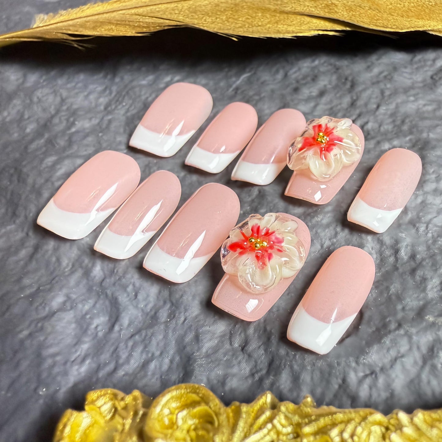Handmade Press On Nails Square short m Soft Blossom French Handmade Nails 3d Floral Reusable Wedding Prom And Festival Gift Photograph Handmade Acrylic Press On Nails (Medium)