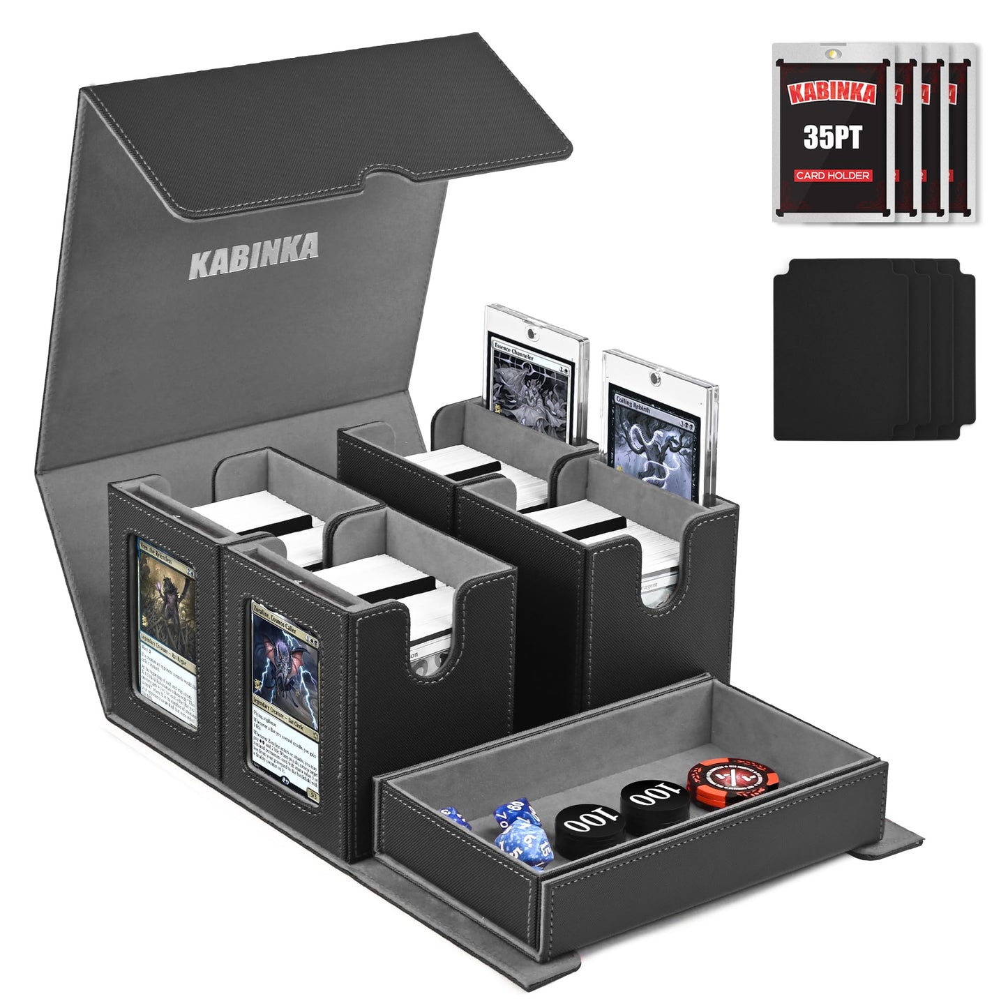 Kabinka Card Deck Box for MTG Commander, Holds 400+ Double-Sleeved Cards, 5 IN 1 Detachable Card Case with Dice Tray, Fits Magic/TCG Cards, 4 Magnetic Card Holders & Dividers (Black)
