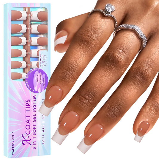 BTArtboxnails XCOATTIPS French Tip Nails, 150pcs Long Square Brown Press on Nails, Gel Nails for DIY Nail Art
