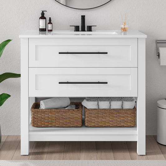 LIKIMIO 36" Bathroom Vanity with Sink, Freestanding Bathroom Vanity with 2 U-Shaped Drawers & Open Shelf, Integrated Ceramic Sink, Modern Bathroom Storage Cabinet, Easy Assembly, White