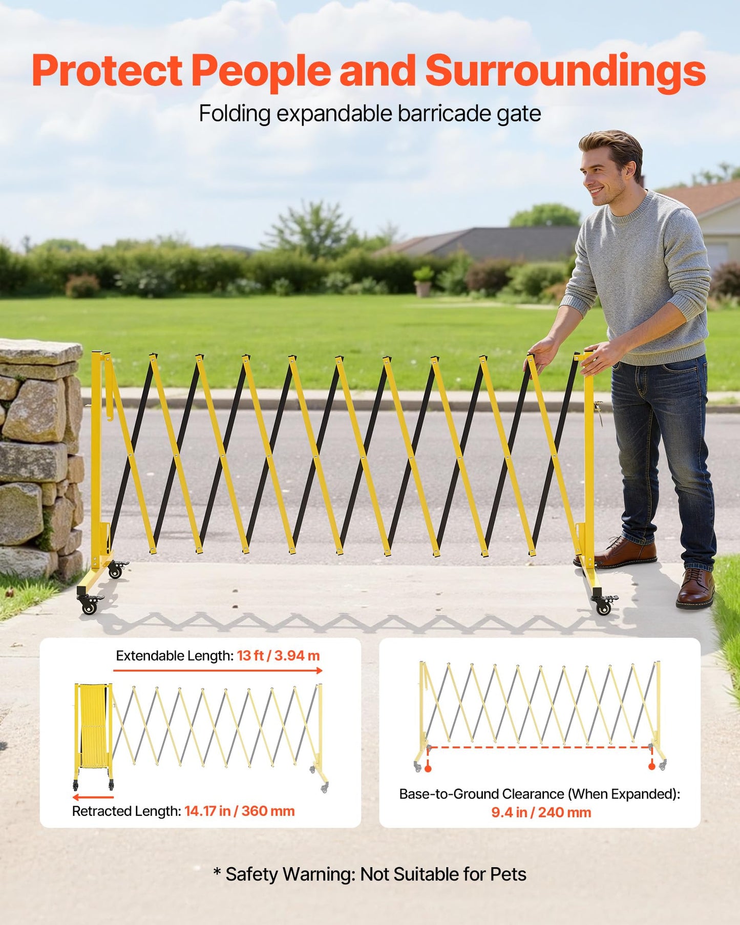 VEVOR Industrial Expandable Barricade, 13FT Expandable Safety Barrier, Flaxible Mobile Barricade with Locking Casters, Portable Folding Security Gate Traffic Fence for Driveway Warehouse Elevator