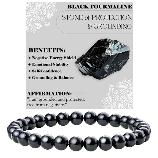 Bivei Black Tourmaline - Protection & Grounding - 6mm Beaded Bracelets for Women Handmade Semi Precious Natural Stone Stretch Elastic Jewelry for Women Yoga Protection Gifts Small