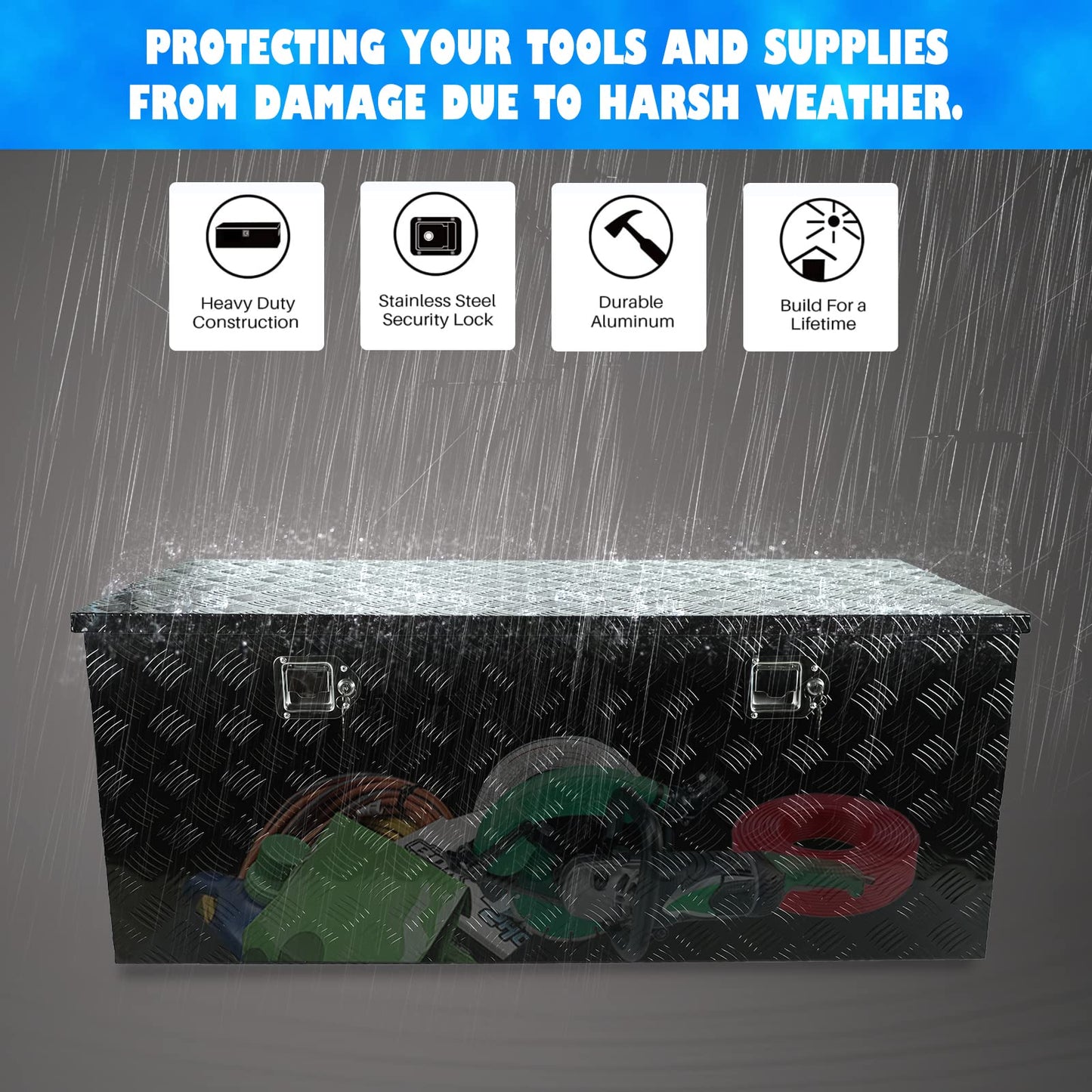 Eivojor Aluminum Stripes Plated Truck Tool Box Pick Up Truck Bed RV Trailer Toolbox Storage Organizer with Side Handles, Lock and Keys - 48" x 19.5" x 17.5",Black