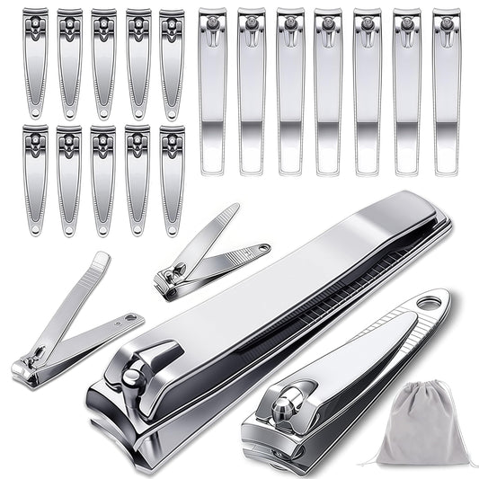 Keeshibao 20-Pack Stainless Steel Fingernail & Toenail Nail Clippers Bulk Set - 12 Small + 8 Medium Size with Storage Pouch, Manicure Kit for Men/Women Travel, Gifts, Homeless Care Supplies