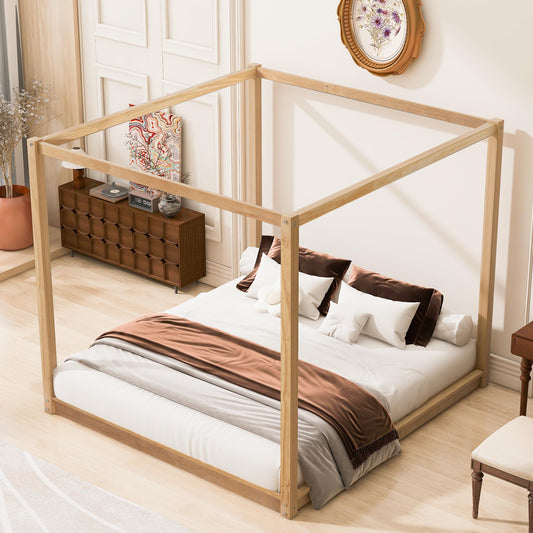 Merax Modern King Size Wood Canopy Bed Floor Platform Bed Frame/No Box Spring Needed/Easy Assembly, Nutural