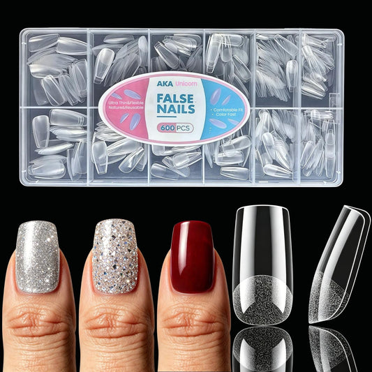 AKA Unicorn Short Square Nail Tips, 600Pcs Pre-Shaped Full Cover Gel Nail Tips, 12 Sizes Acrylic Press On False Nail Extensions for Salon Home DIY