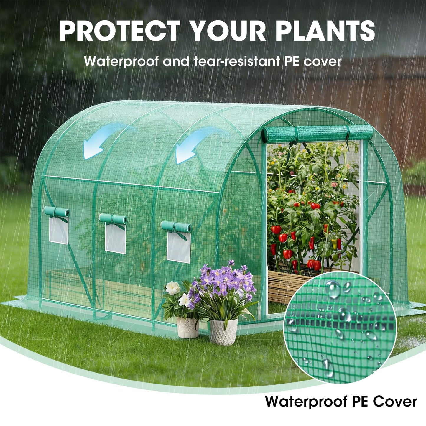 Grezone Walk-in Greenhouse Upgraded Green House with Zippered Screen Doors & 6 Screen Windows Heavy Duty Plastic Plant Warm House with Reinforced Frame (12x7x7 FT)