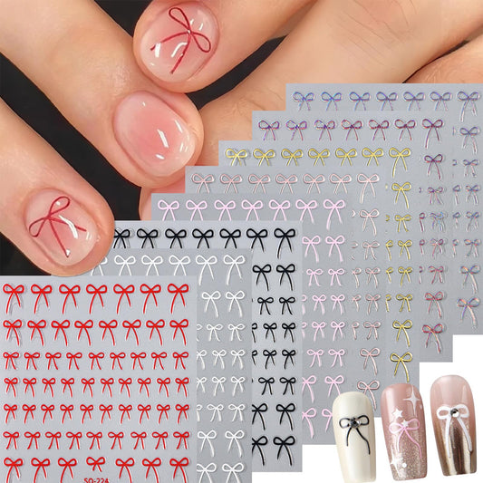 Red Valentines Bow Nail Stickers for Nail Art - 8 Colors with 3D Pink Bow Tie, Laser Glossy and Black White Bowknot Cute Nail Decals, Self-Adhesive DIY Wedding Or New Years Nails Charms Decorations
