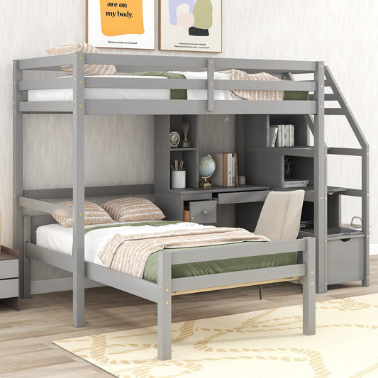 Jintop Twin Size Solid Wood Loft Bed with Storage Staircase and Desk, Bedroom Multifunctional Separable Bed Frame w/Shelves & Drawers,No Box Spring Needed,for Adult Kid Boy Girl,Gray