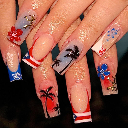 GCSQW Summer Press On Nails Medium Square Acrylic False Nails 24Pcs with Coconut Tree Designs Independence Day Flower Nails 4th of July Full Cover Stick on Nails for Women