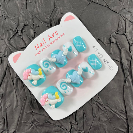 Short Press on Nails Handmade Nails 10Pcs Cartoon Nails Cute Mini Nails Blue Fake Nails for Women Party Holiday Photo Daily Wear 1.5CM Size M