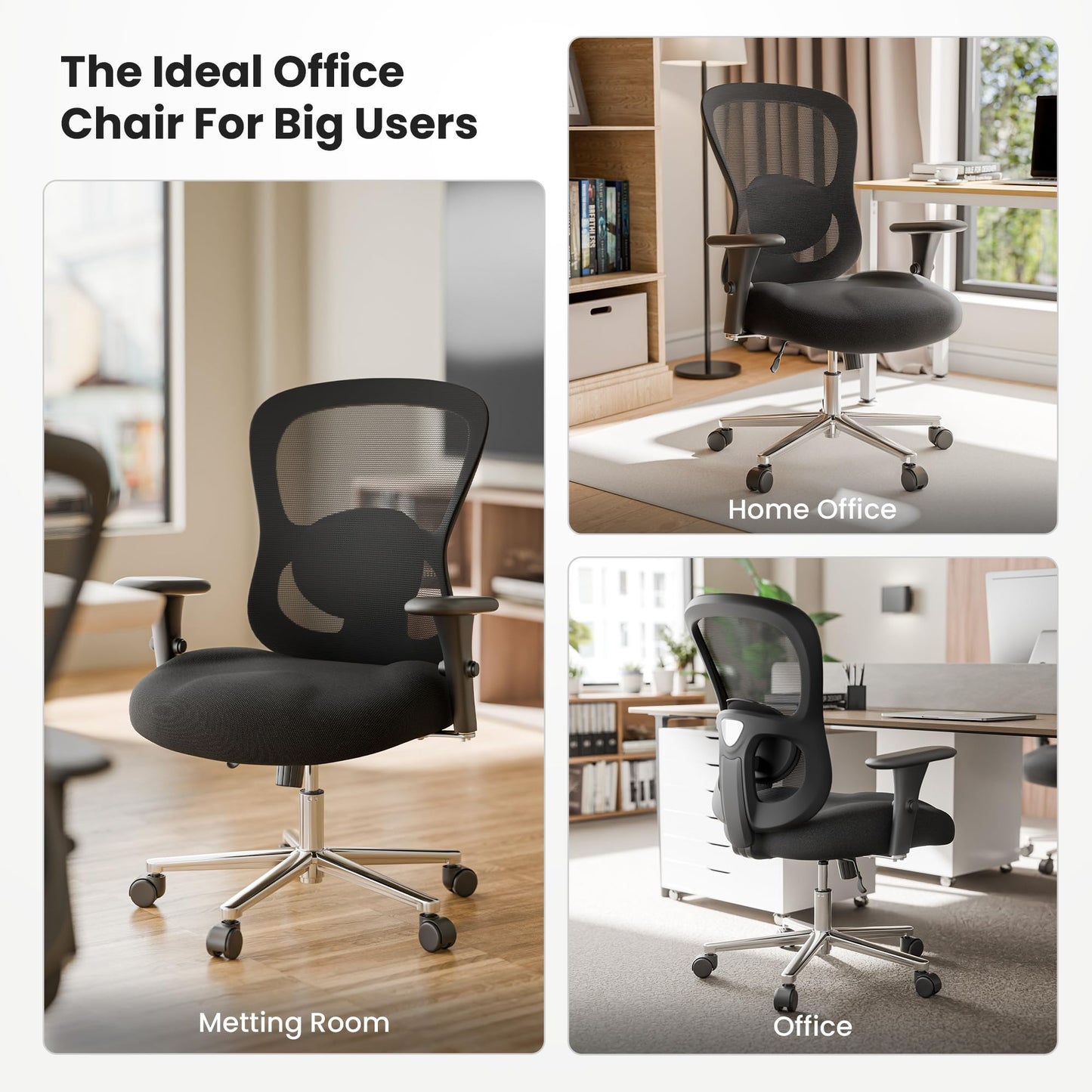 EUREKA ERGONOMIC Big and Tall Office Chair for Heavy People, Hoss 500lbs Heavy Duty Office Chair Mesh Ergonomic Desk Chair with Armrest, Rolling Chair with Wide Comfy Seat for Adult, Black