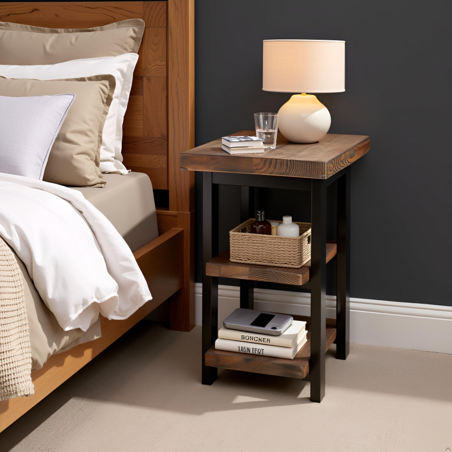 Alaterre Furniture Pomona Living Room 3-Tier Solid Wood End Table with Metal Legs & Storage Shelves – Modern Rustic Industrial Space-Saving Side Table or Nightstand (Rustic Brown)
