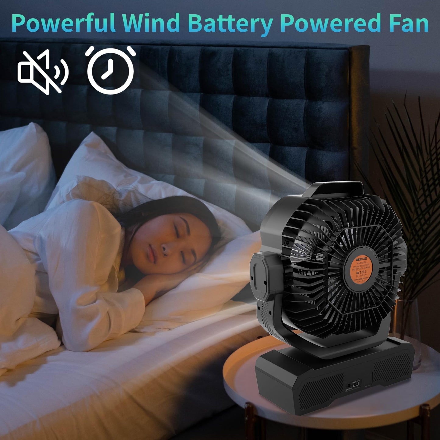 WESTTREE Battery Powered Fan Powerful Airflow Battery Operated Air Circulator Fan for Bedroom,Quiet & 360°Auto Oscillating Rechargeable Camping Fans with LED Light (RGBW) X66 Black