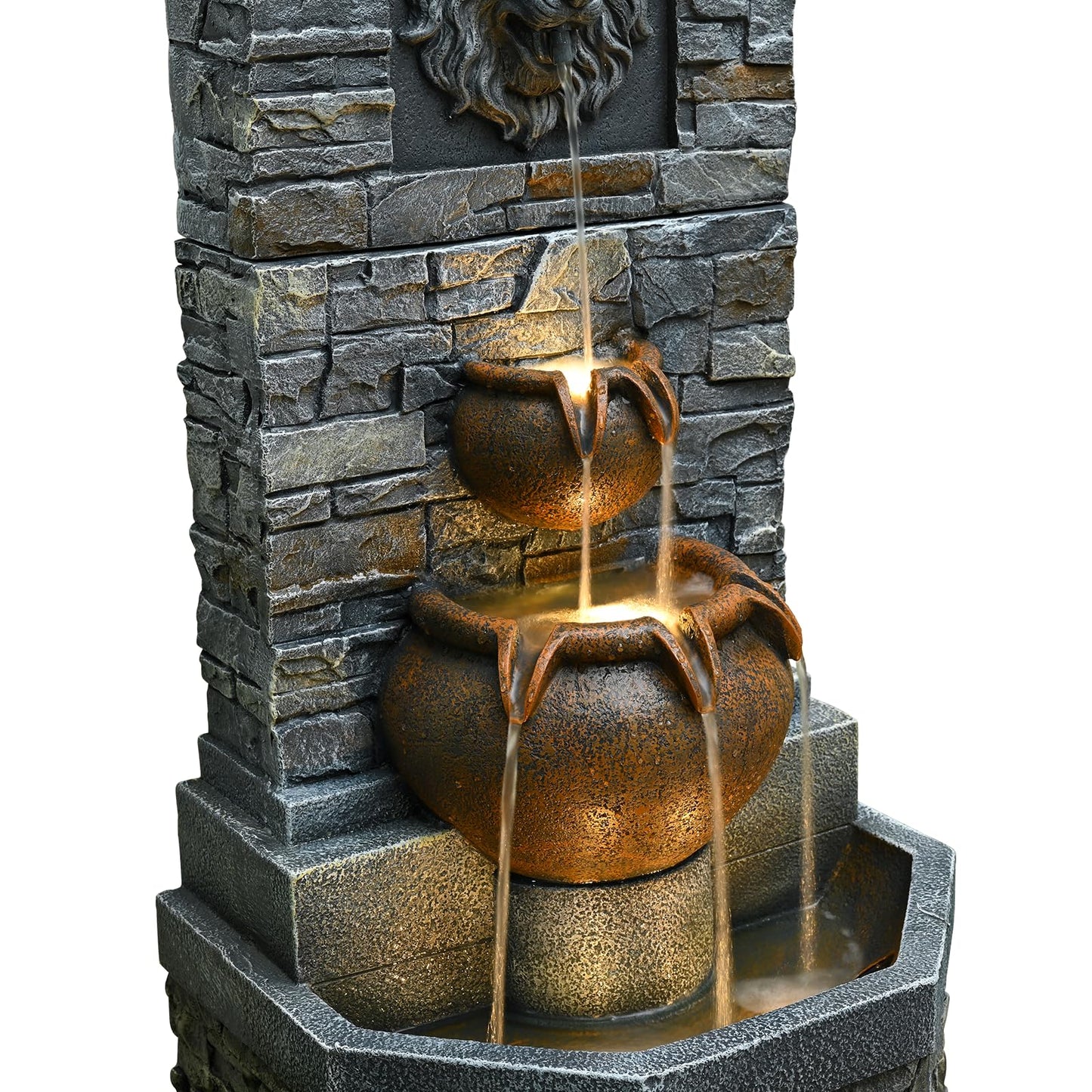 42'' Outdoor Garden Floor-Standing Water Fountain Lion Head Stone with Lights Outdoor Waterfall for Patio, Backyard, Deck, Porch and Home Art Decor