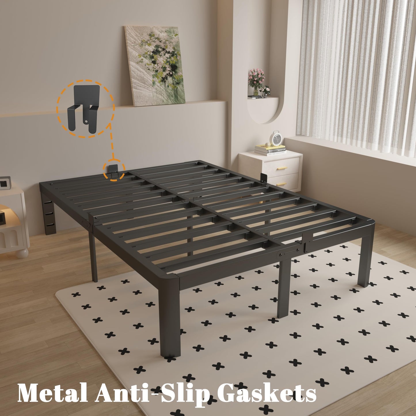 KOSOSO 16 Inch Bed Frame Queen Size with Metal Gaskets, Black Queen Platform Bed Frame No Box Spring Needed, Heavy Duty Steel Support, Round Corner Design, Storage Space, Noiseless, Easy Assembly