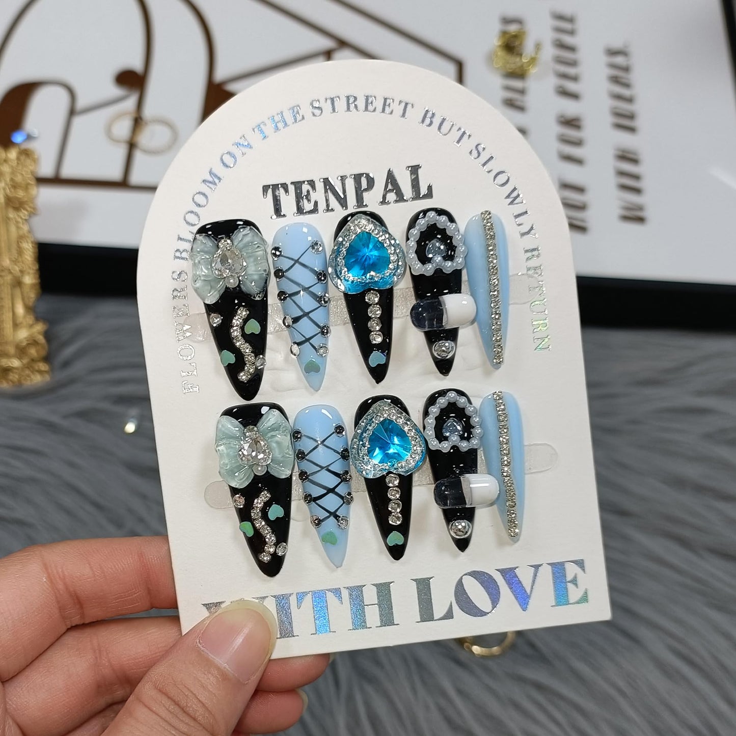 TENPAL 10Pcs Gothic Press On Nails Long Stiletto,Baroque Cameo & Floral Lace French Tip Glue on Nails with 3D Charms,Victorian Gothic Nails w/Tools,Glossy Dark Romantic Fake Nails for Party Event(S)