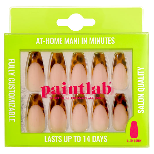 PaintLab Press On Nails - Tortoise Chic Coffin Fake Nails, 30 Nails in 15 Sizes with Glue, Reusable Salon Quality Press On Nails
