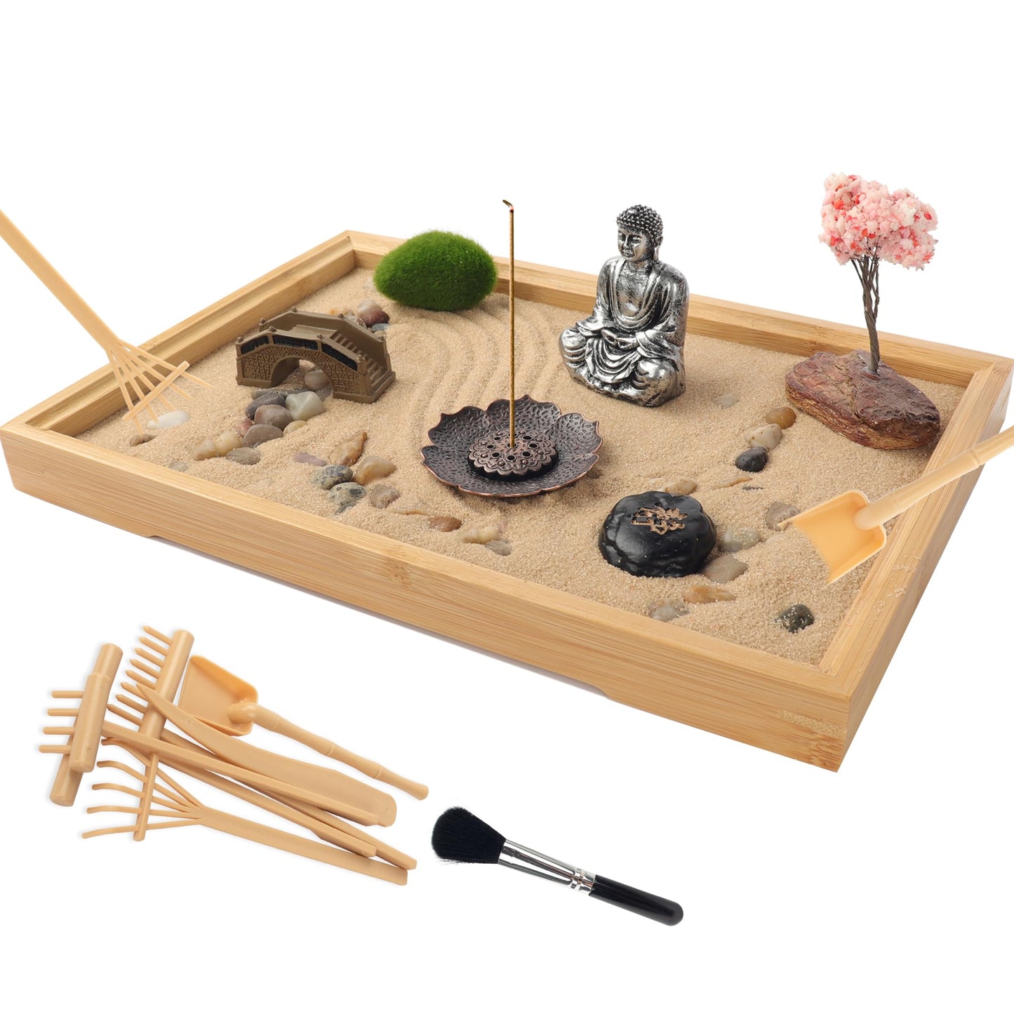 Zeckzoin Zen Sand Garden Kit for Desk with Incense Stick Holder 11"x7.5" 6 Tools, 16 Accessories